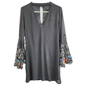 Soieblue Womens BOHO Mini Dress Small Black Embroidered Bell Sleeve Whimsygoth